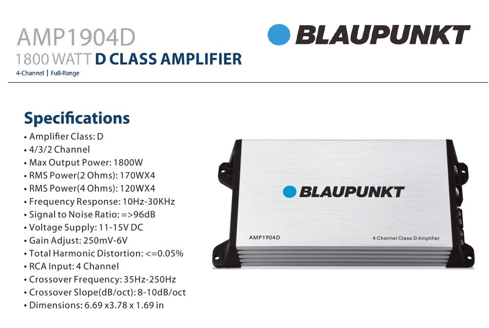 Blaupunkt AMP1901D 1800W 4-Channel Amplifier for Car Audio Systems