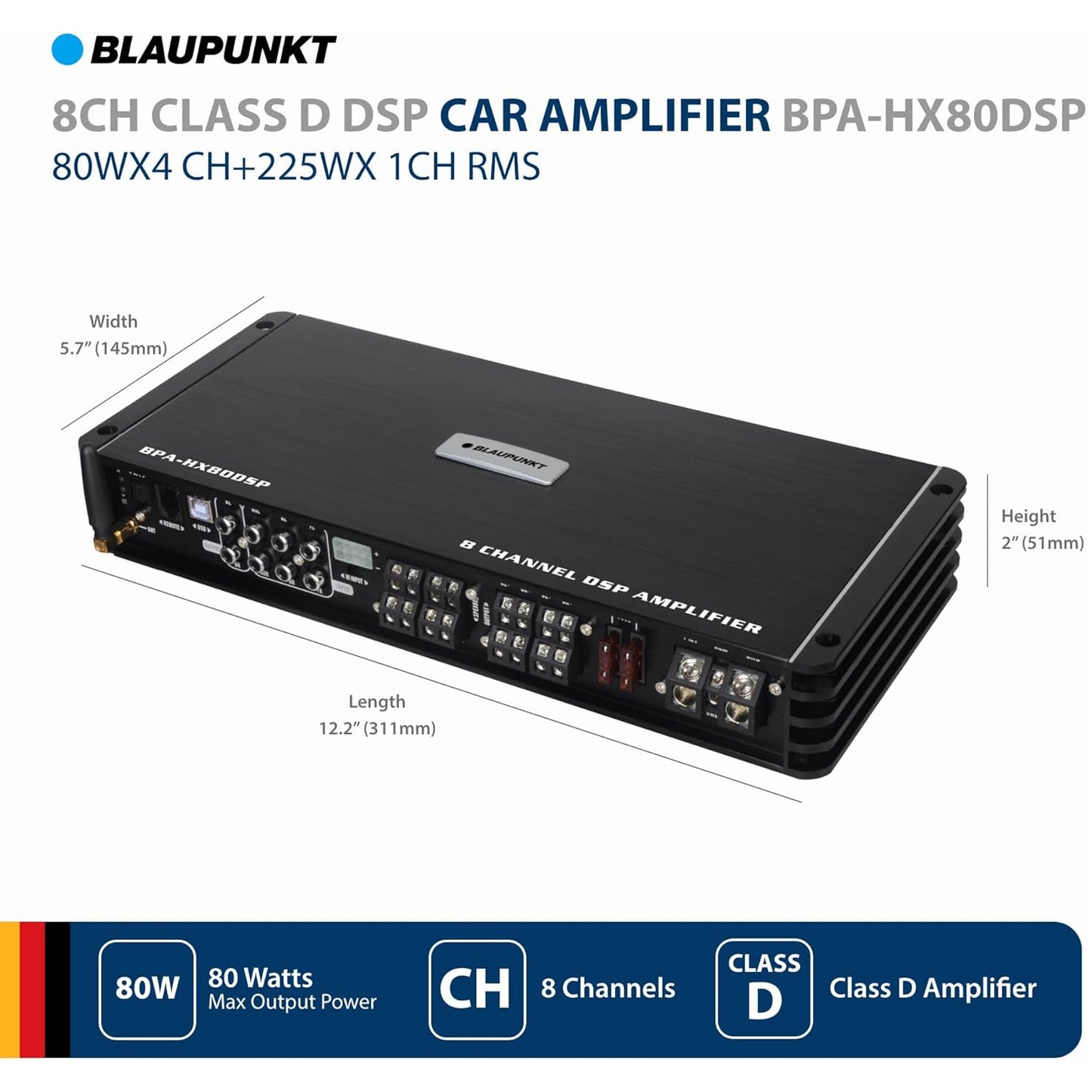 Blaupunkt BPA-HX80DSP 8 Channel Class D DSP Amplifier Car Audio Receiver System